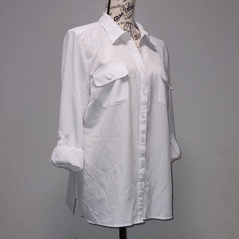 Notations White Collared Long Sleeve Tops Size L Roll Tab 100% Polyester - Picture 3 of 15